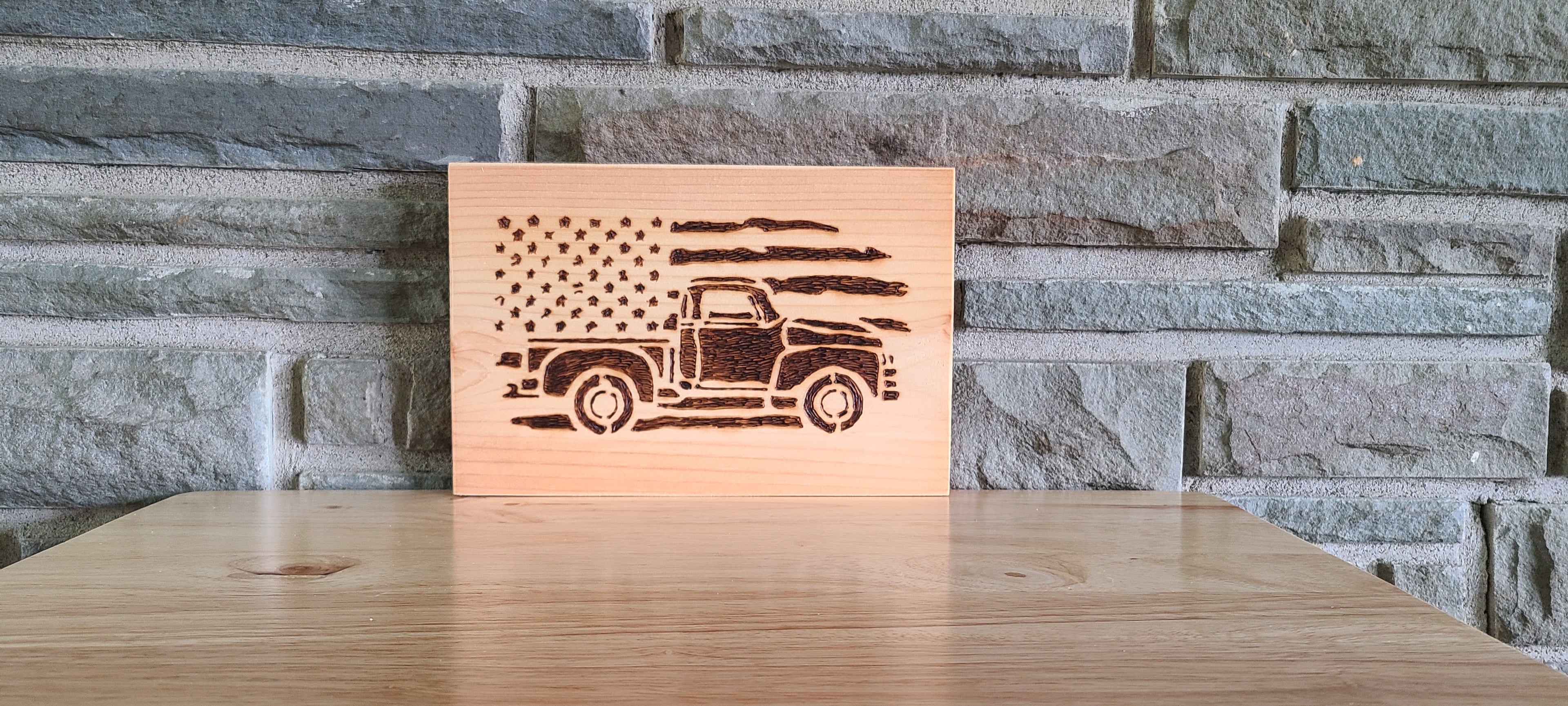 Wood-Burned American Truck Plaque